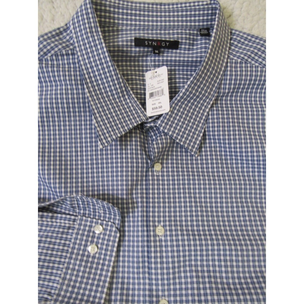 Synrgy Big & Tall Mens Sz 5X 37/38 Long Roll Sleeve Blue Plaid Shirt